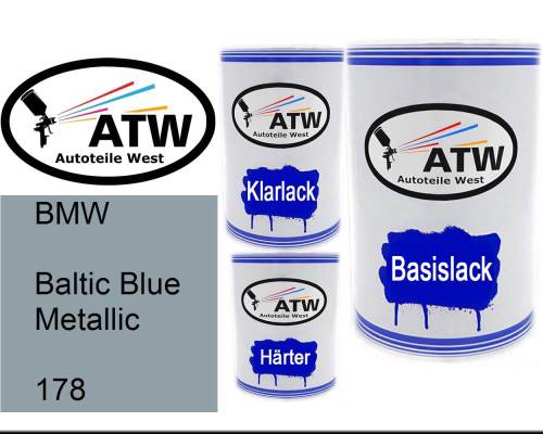 BMW, Baltic Blue Metallic, 178: 500ml Lackdose + 500ml Klarlack + 250ml Härter - Set, von ATW Autoteile West.